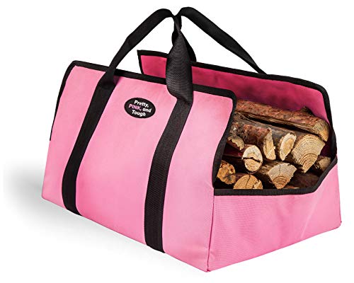 Firewood Tote Bag – Oxford Fabric Log Carrier with Handles & Heavy Duty Straps – Large Durable Wood Holder with Wide Opening – Wood Stove & Fireplace Accessories – 21 x 13 x 12 Inch, Pink