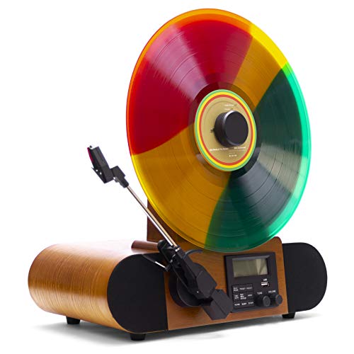 Fuse Vert Vertical Vinyl Record Player | FM Radio, Bluetooth, AUX, USB | Alarm Clock | Full Range Speakers | Vintage Mid Century Modern Style | Handcrafted Ashtree Wood Veneer