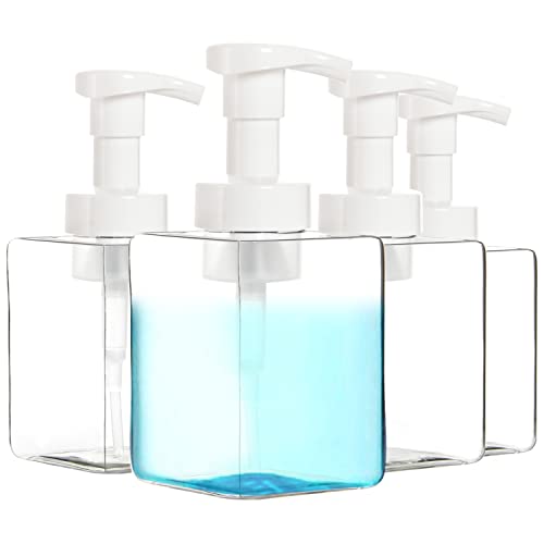 Youngever 4 Pack Clear Plastic Square Pump Bottles, Plastic Foaming Soap Dispenser, Refillable Plastic Pump Bottles with Travel Lock (12 Ounce)