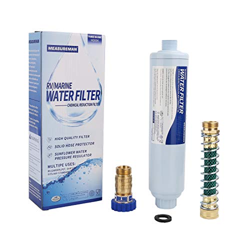 MEASUREMAN R/V Marine Water Filter with Flexible Hose Protector, Water Pressure Regulator for RV Camper, Garden Hose Water Filter