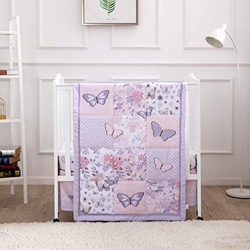 La Premura Pastel Purple Butterfly Baby Nursery Mini/Portable Crib Bedding Set for Girls, 3 Piece Crib Sets for Mini Crib, Purple and Pink