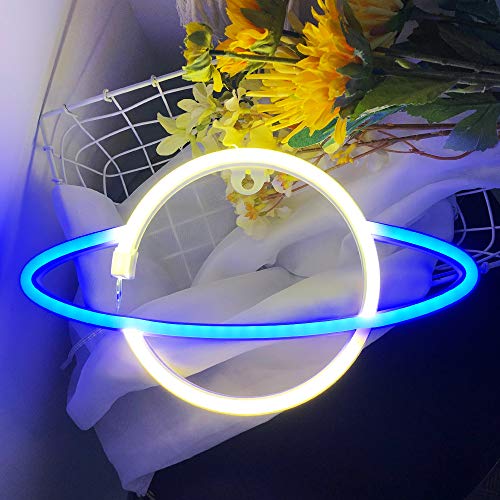 Protecu Planet Neon Sign – USB/Battery Powered LED Signs Neon Lights for Bedroom | Neon Signs for Wall Decor Light Up for Birthday Wedding Party Christmas Room Decorations (Yellow & Blue)