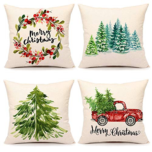 4TH Emotion Christmas Pillow Covers 18×18 Set of 4 Farmhouse Christmas Decor Xmas Rustic Decorations for Home Winter Holiday Truck Tree Throw Pillows Cushion Case for Sofa Couch Polyester Linen S202