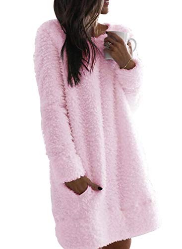 Nirovien Womens Fleece Tunic Pullover Long Sherpa Dress Color Block Fuzzy Sweatshirts Oversized Fluffy Coat with Pockets(Pink,XL)