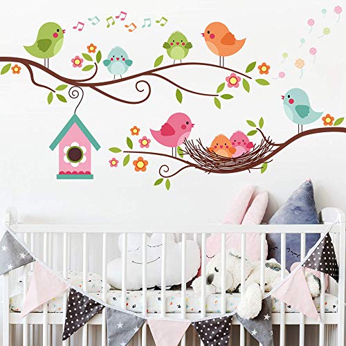 ROFARSO Colorful Cute Cartoon Lovely Robin Birds Singing On the Branch with Flowers Wall Stickers for Kids Removable Wall Decals DIY Decorations for Nursery Baby Boys Girls Bedroom Playroom Living Room