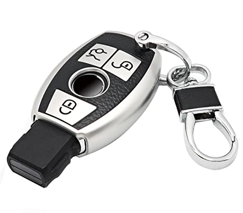 CTRINEWS for Mercedes Benz Key Fob Cover with Leather Keychain, Advanced Soft TPU Surface Leather Grain Key Fob Holder for Classic Style Mercedes Benz Smart Key(Silver)