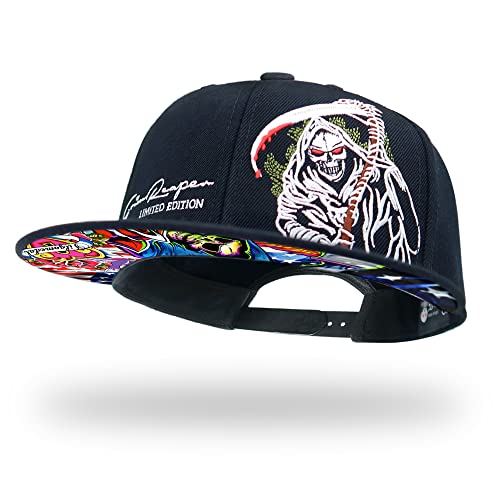 Love To Fashion Reaper Grim Religious Hats for Men Women Skull Black Flat Bill Snapback Baseball Caps,Medium-X-Large