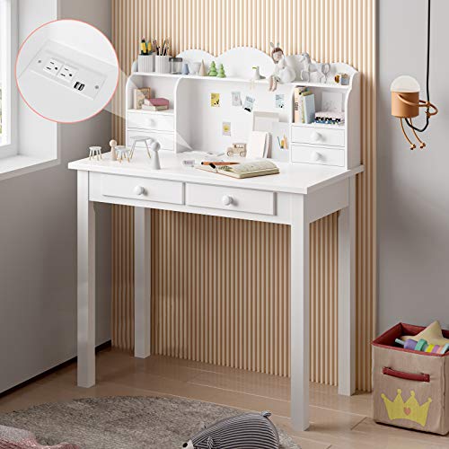 ADORNEVE Small White Writing Desk with Hutch and USB Ports, 31.5 inch Home Office Desk with Drawers, Study Table for Kids/Student, Makeup Dressing Table Save Space Gifts