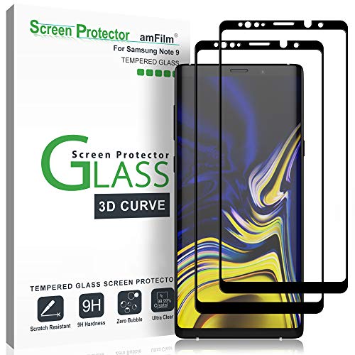 amFilm (2 Pack) Glass Screen Protector for Samsung Galaxy Note 9, Full Screen Coverage Screen Protector, 3D Curved Tempered Glass, Dot Matrix with Easy Installation Tray (Black)