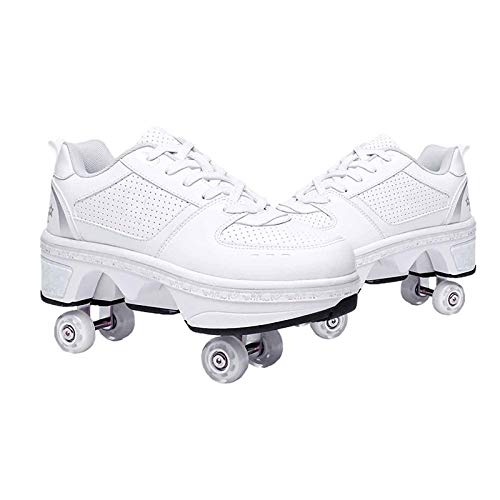 Double-Row Deform Wheel Automatic Walking Shoes Invisible Deformation Roller Skate 2 in 1 Removable Pulley Skates Skating Parkour (Low Waist Silver, US 5)