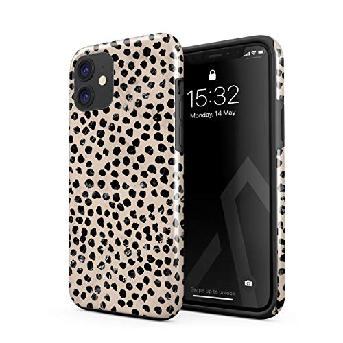 BURGA Phone Case Compatible with iPhone 12 – Hybrid 2-Layer Hard Shell + Silicone Protective Case -Black Polka Dots Pattern Nude Almond Latte – Scratch-Resistant Shockproof Cover