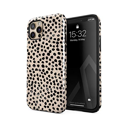 BURGA Phone Case Compatible with iPhone 12 PRO – Hybrid 2-Layer Hard Shell + Silicone Protective Case -Black Polka Dots Pattern Nude Almond Latte – Scratch-Resistant Shockproof Cover