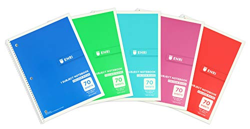 Enri College Ruled Notebooks, 1 Subject Spiral Bound – Assorted Colors, 70 Sheets 8″x10.5″, Value Pack 5