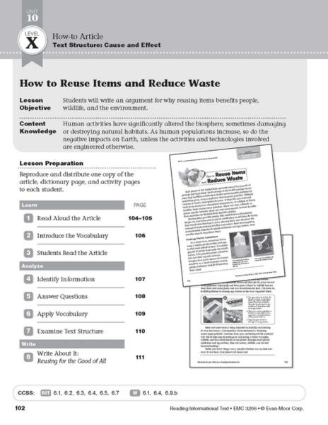 Level X: How to Reuse Items and Reduce Waste (Reading Informational Text)
