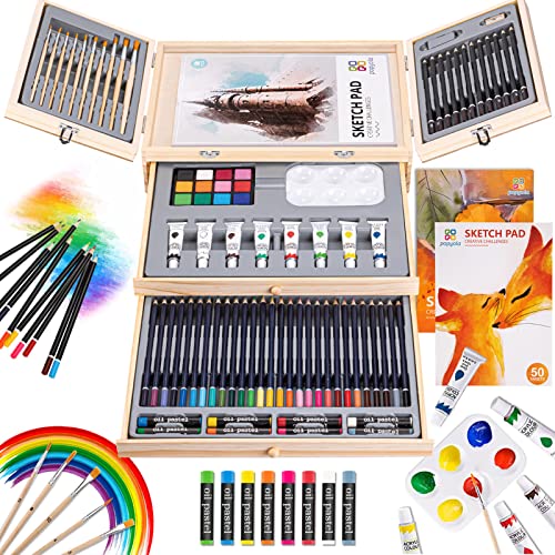 POPYOLA Art Supplies, 84 Piece Art Set with 3 Drawing Pads, Deluxe Art Kits Crafts Drawing Painting Kit in Portable Wooden Case, Creative Gift Box for Kids Teens Beginners and Adults