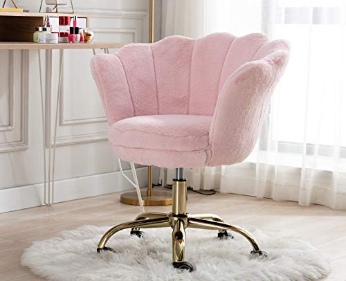 Kmax Office Desk Chair, Fur Makeup Arm Chair Gold Base, Baby Pink