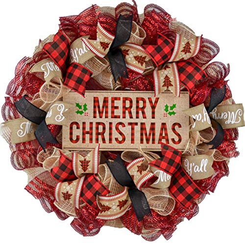 Burlap Christmas Buffalo Plaid Wreath – Farmhouse Holiday Wreath Front Door Decor – Beige Red Black