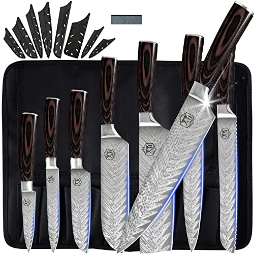 XYJ Professional Kitchen Knife Set Vein Pattern 8″ 7″ 5″ 3.5″ Chef Knives Set With Carry Case Bag & Sheath 8 Pieces Cooking Knife Tools (Coffee)