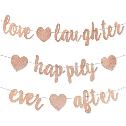 3Pcs Rose Gold Glitter Love Laughter and Happily Ever After Banner – Wedding Shower Decorations – Bridal Shower Decorations – Bachelorette, Bridal & Engagement Party Decorations (Pre-Strung Signs)