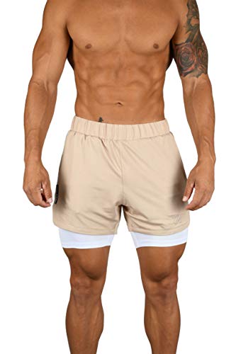 YoungLA Compression Shorts – Soft, Breathable, Stretchy Mens Compression Shorts with Pocket – Compression Shorts for Men 105 Beige/White S