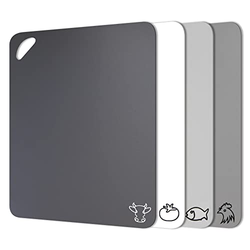Fotouzy Plastic Cutting Board Flexible Mats With Food Icons, Set of 4, BPA-Free, Non-Porous, Upgrade 100% Anti-skid back and Dishwasher Safe, Modern Neutral Colors