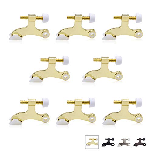 Enconker 8 Pack Hinge Pin Door Stopper Brass, Adjustable Head Screw Heavy Duty Door Stops Hinge Pin Wall Protector, with White Rubber Bumper Tips Prevent Wall Damage, Premium Polished Brass
