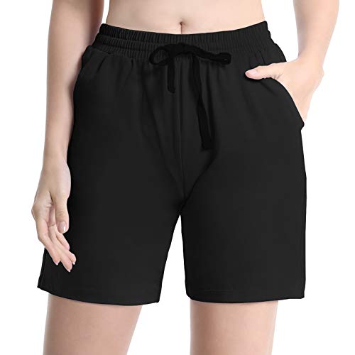RIMLESS 7 Women’s Athletic Running Shorts 8″ Cotton Jogger Sweat Shorts Lounge Workout Yoga Shorts with Zip Pockets P08-Black-M