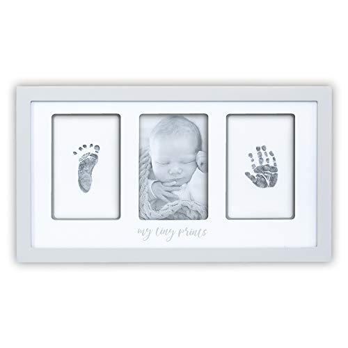 My Tiny Prints Newborn Baby Handprint and Footprint Kit, Baby Frame with Modern White Matting, Baby Keepsake Frame, Baby Picture Frame Kit with Ink Pad, Baby Shower Gifts, 17” L x 9.5” H, Gray/Grey