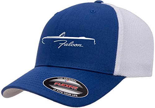 1960-63 Ford Falcon Convertible Outline Design Flexfit Trucker Mesh Fitted Cap Royal/White