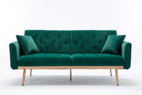 SZLIZCCC 63″ Accent Sofa, Mid Century Modern Velvet Fabric Couch， Convertible Futon Sofa Bed ，Recliner Couch Accent Sofa Loveseat Sofa with Gold Metal Feet (Green)