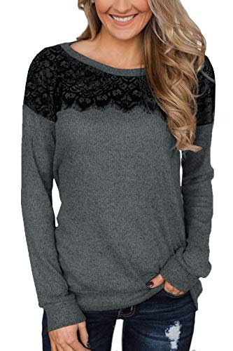 Womens Crewneck Lace Loose Fall Sweatshirt Casual Cotton Long Sleeve Color Block Blouse Dark Grey L