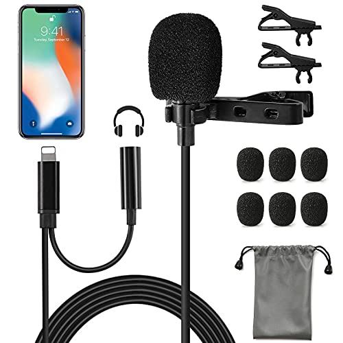 Lavalier Lapel Microphone Compatible with iPhone,Professional Omnidirectional Mini Clip on MIC with Earphone Jack,for YouTube,Video Recording,Compatible with iPhone X/XR/XS/11/8/7/iPad