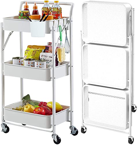 3 Tier Rolling Cart with Wheels Folding Storage Cart No Assembly Foldable Utility Cart Metal Organizer Kitchen Cart for Pantry/Office/Classroom, White