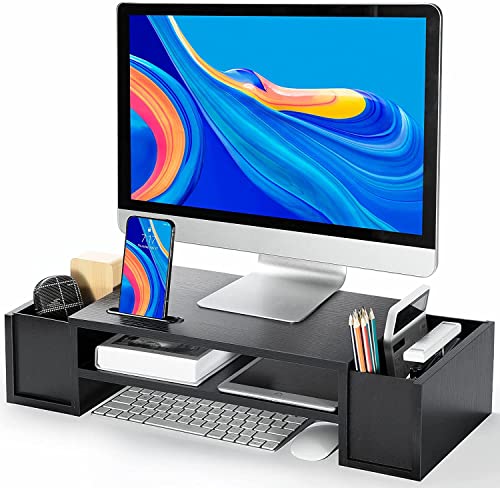 AMERIERGO Monitor Stand Desk Organization with DIY Storage Space, Monitor Riser Stand with Storage with 2 Slots & Phone Holder, Computer Stand 2 Tier for Home Office Use