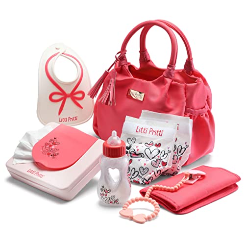 Litti Pritti Baby Doll Accessories | Diaper Bag Set | Premier Playtime Playset for Baby Dolls | Fabric Diapers, Magic Bottle, Wipes & More | Toy for 3 4 5 6 7 8 Year Old | Gifts for Toddler Girls