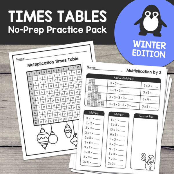 Christmas Multiplication Times Tables 1-10: NO PREP Activity Worksheets (Winter Edition)