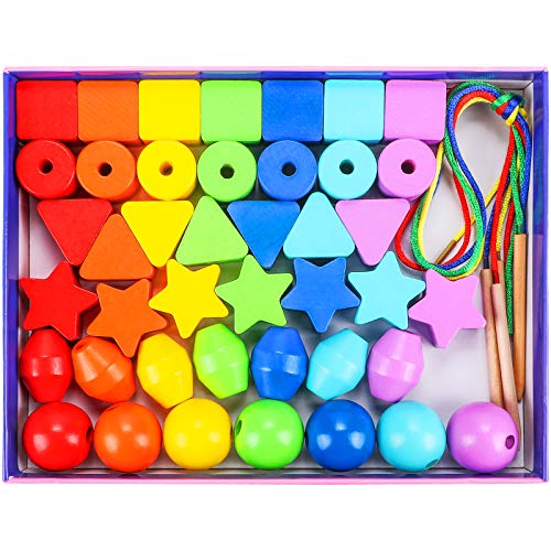 Atoylink 42PCS Lacing Beads Montessori Toys for Toddlers Wooden Primary String Threading Beads Rainbow Lacing Toy Preschool Fine Motor Skills Educational Toy for 3 4 5 6 7 8 Years Old Kids Boys Girls