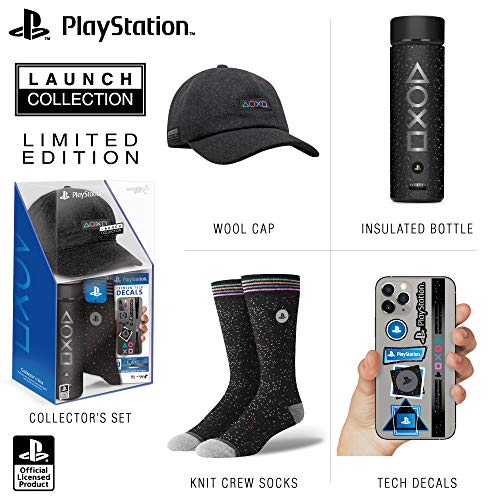 Controller Gear Official Sony PlayStation 5 Launch Collection Merchandise Bundle – Wide Mouth Stainless Steel Water Bottle, PS5 Hat, Socks, + Premium Tech Decals Gift Set – PlayStation 5