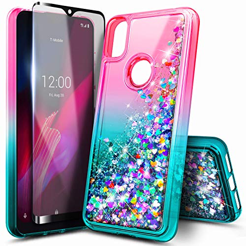 NZND Case for T-Mobile REVVL 4 with Tempered Glass Screen Protector (Full Coverage), Glitter Liquid Floating Waterfall Durable Girls Cute Phone Case Cover (Pink/Aqua)