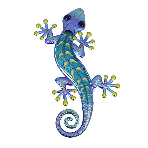 HONGLAND Metal Gecko Wall Decor Outdoor Indoor Lizard Art Sculpture Glass Decorations for Home (Blue&Purple)
