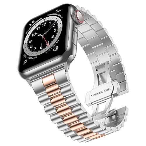 baozai Compatible with Apple Watch 41mm 40mm 38mm, Solid Stainless Steel iWatch Band Replacement for Apple Watch Series 8/7/6/5/4/3/2/1/SE for Women, 3Rows-Silver/Rose Gold, 41mm/40mm/38mm