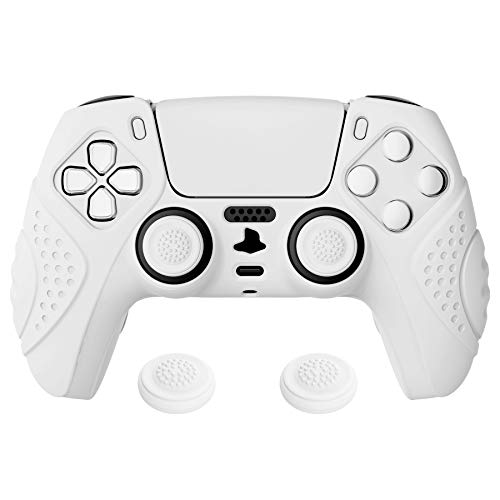 eXtremeRate PlayVital Guardian Edition White Ergonomic Soft Anti-Slip Controller Silicone Case Cover for ps5, Rubber Protector Skins with White Joystick Caps for ps5 Controller