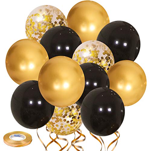 Kalyerparty Black and Gold Balloons-50pcs 12 inch Gold Confetti Balloons – Black Latex Balloons for Birthday Wedding Baby Shower Celebration Graduation Party Balloons