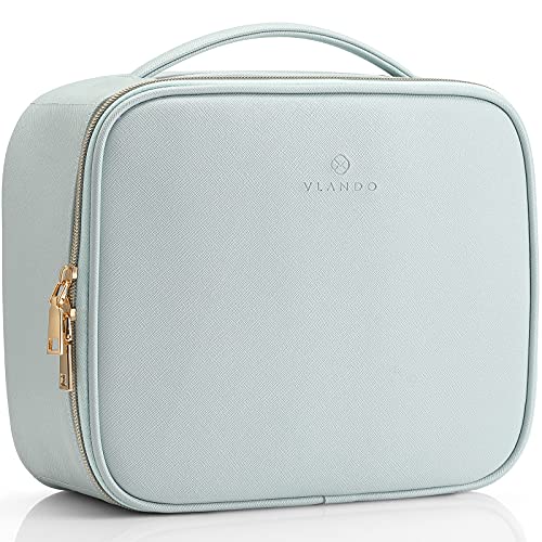 Vlando Leather Travel Makeup Train Case – Makeup Cosmetic Case Organizer Portable Artist Storage Bag with Adjustable Dividers for Cosmetics Makeup Brushes Toiletry Jewelry Digital Accessories Blue