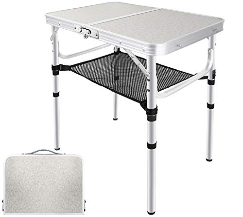 EXCELFU Small Folding Camping Table, Portable Adjustable Height Aluminum Camp Tables with Storage Mesh Lightweight Folding Table for Outdoor Indoor, Camp, Picnic, Cooking, Beach (3 Heights)