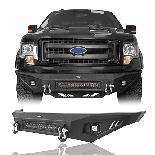 Hooke Road F150 Steel Full Width Front Bumper w/120W LED Light Bar Compatible with Ford F-150 (Excluding Raptor) 2009 2010 2011 2012 2013 2014 Pickup Truck