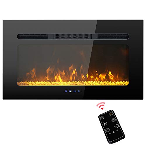 PHI VILLA 30 Inch Electric Fireplace Inserts, Wall Mounted & Recessed Electric Fireplace Heater Low Noise with Remote Control, Timer, Touch Screen, Adjustable Flame Color, 1500W (Black)