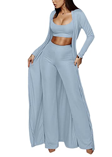 Cosygal Women’s Crop Top Cardigan Wide Leg Palazzo Pants Tank Coat Three Piece Sets Outfit Blue Large
