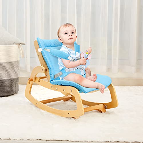 MallBest 3-in-1 Baby Bouncer Adjustable Wooden Rocker Chair Recliner with Removable Cushion and Seat Belt for Infant to Toddler (Blue)