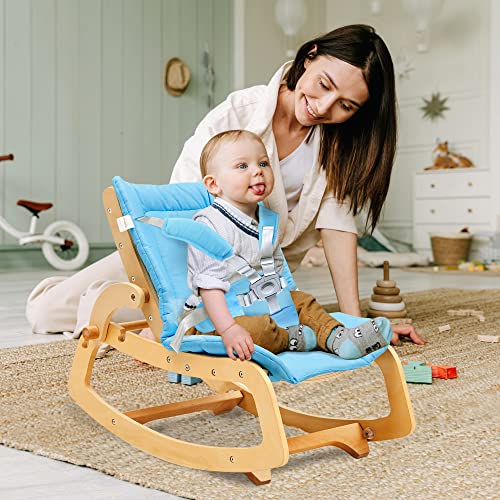 MallBest 3-in-1 Baby Bouncer Adjustable Wooden Rocker Chair Recliner with Removable Cushion and Seat Belt for Infant to Toddler (Blue) | The Storepaperoomates Retail Market - Fast Affordable Shopping